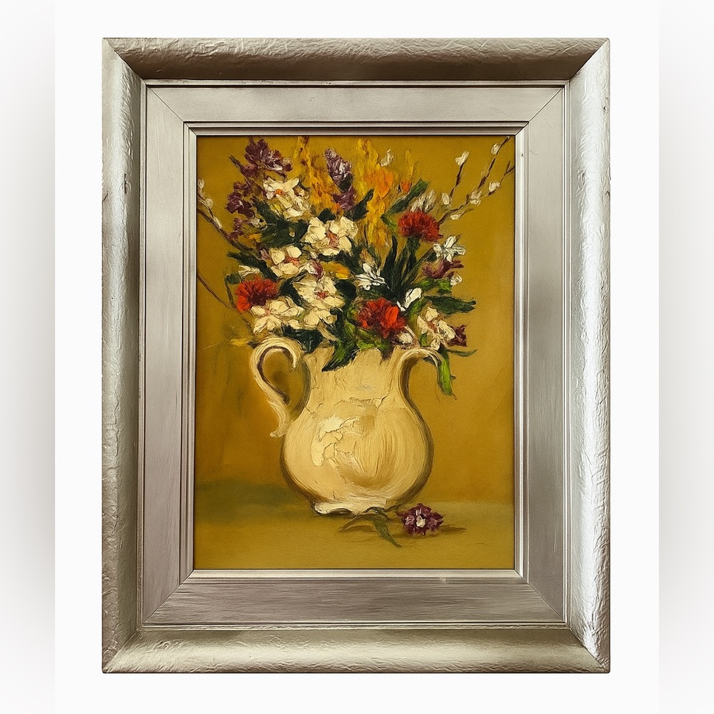 Vintage framed Art Oil still life floral painting white pitcher with bouquet